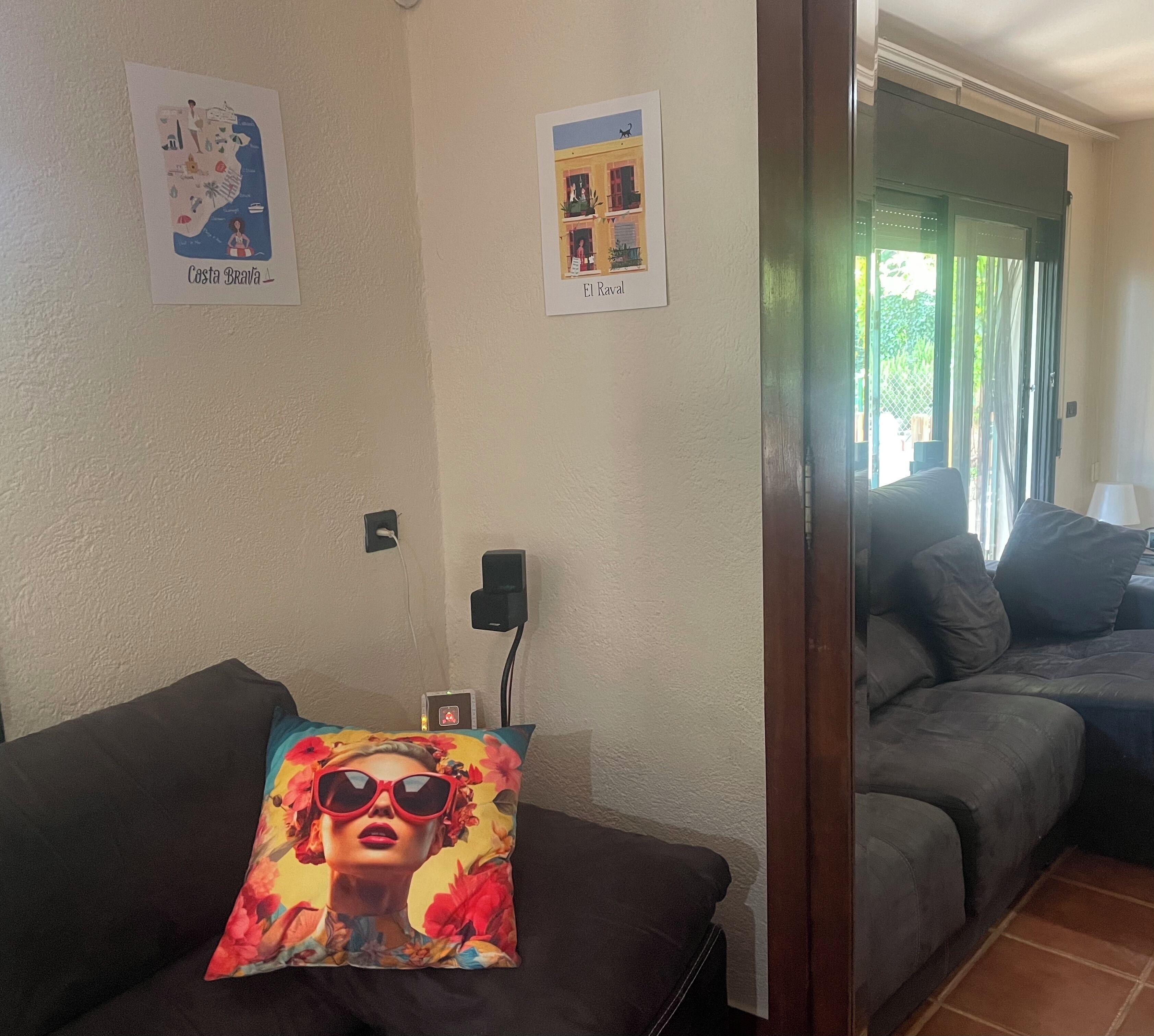 Een woonkamer met een bank, een decoratief kussen, een wandcontactdoos en twee ingelijste foto's.