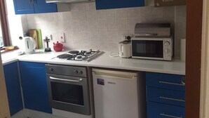 A compact kitchen with blue cabinets, a gas stove, an oven, a microwave, and a small refrigerator.