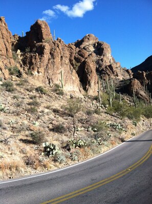 A desert landscape with rocky terrain and sparse vegetation, including cacti.