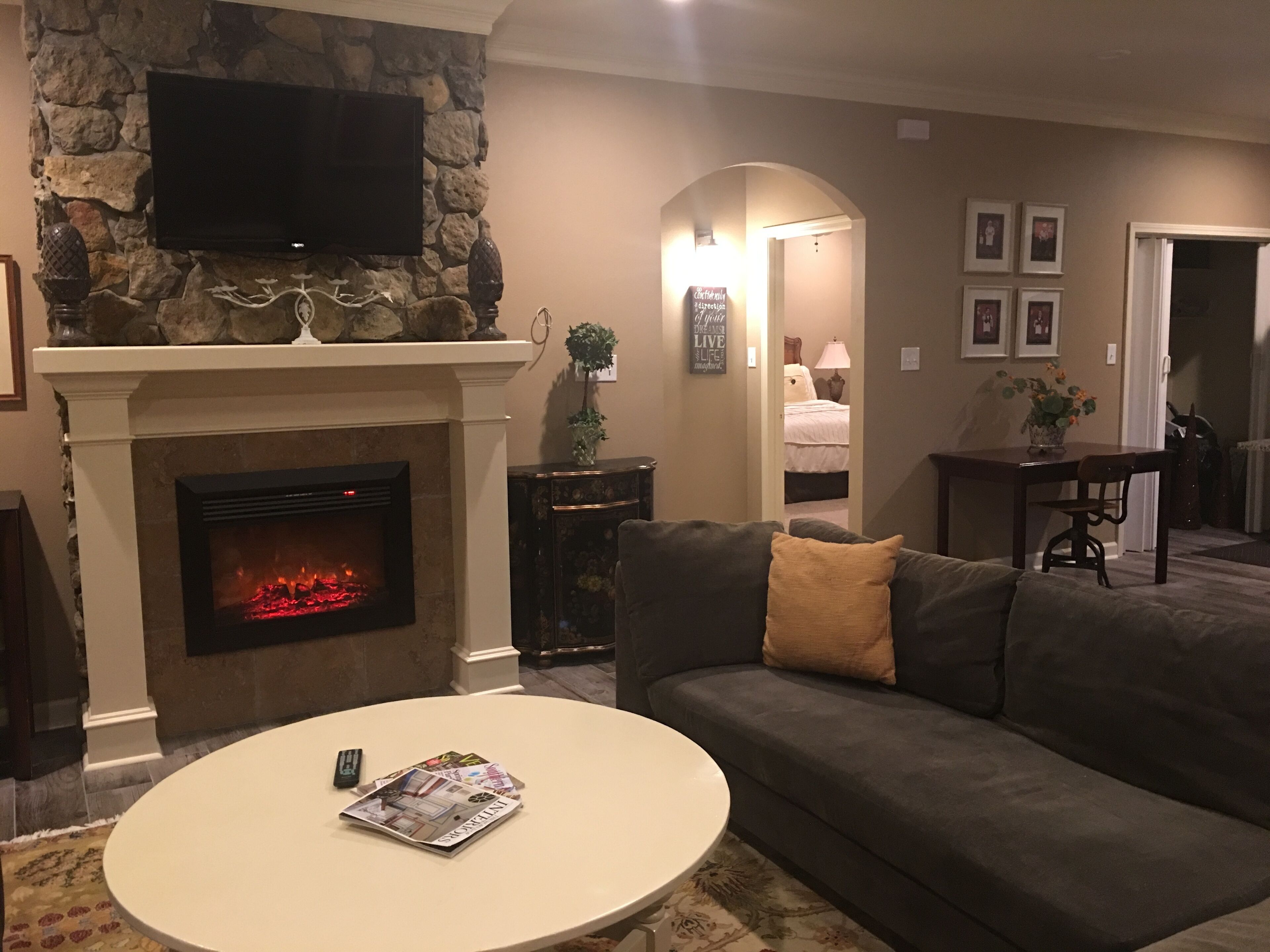 Smart TV, fireplace, books