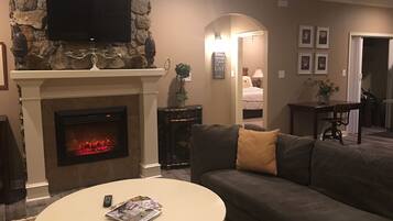 Smart TV, fireplace, books