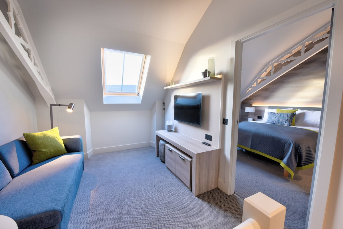 Un dormitorio moderno con una cama, un televisor, un escritorio y un sofá.