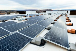 Rooftop solar panels generate clean energy.