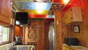 Una cocina compacta con paredes de madera, un lavamanos de acero inoxidable, un refrigerador y un microondas.