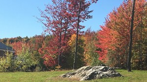 A grassy field with a large rock in the center, surrounded by trees with autumn foliage. - Relaxation in the mountains. Hike, Ski & explore around Jay Peak (Lowell)