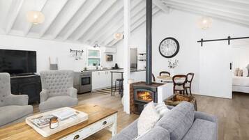 TV connectée, cheminée, lecteur de DVD, table de tennis de table