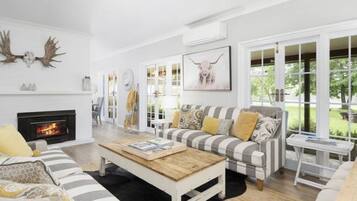 TV connectée, cheminée, lecteur de DVD, table de tennis de table