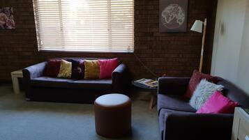 LCD TV, DVD player, books, video library