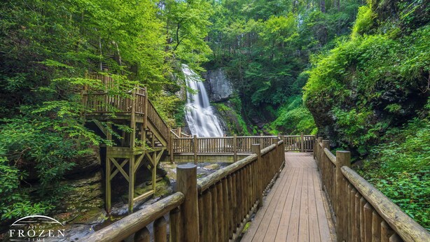 Une promenade en bois qui mène à une cascade au cœur d’une forêt luxuriante.