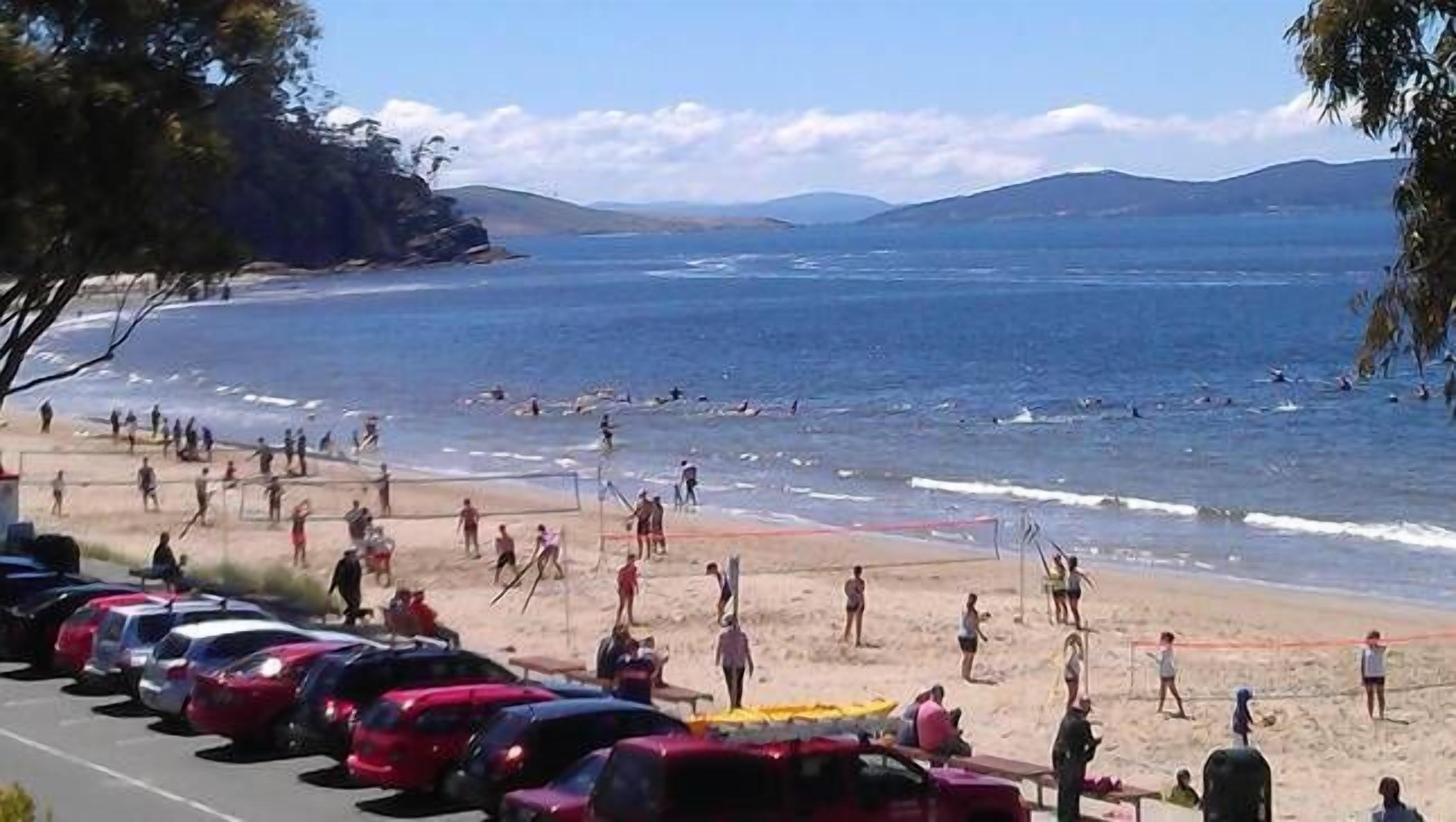 A beach with people and cars.