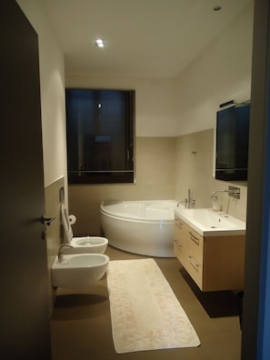 Ensemble baignoire-douche, séchoir à cheveux, bidet, serviettes fournies
