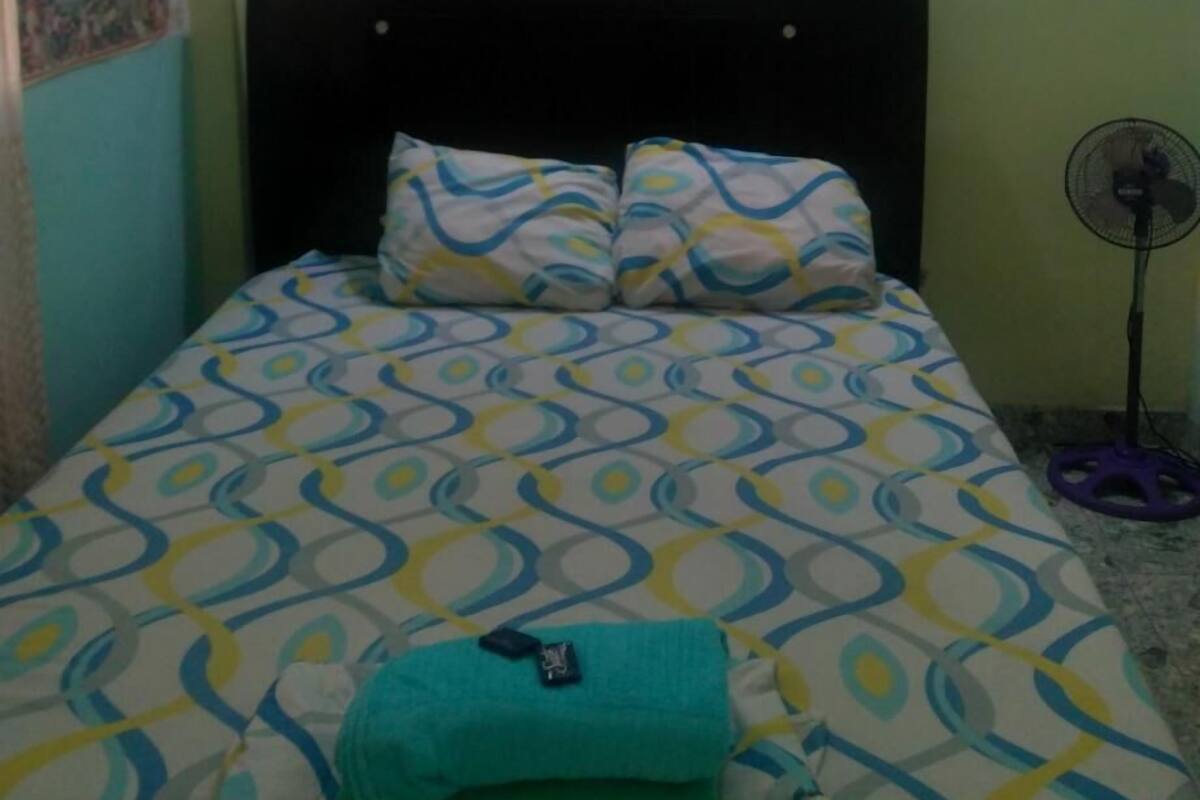 A room with a bed, a poster on the wall, and a standing fan.