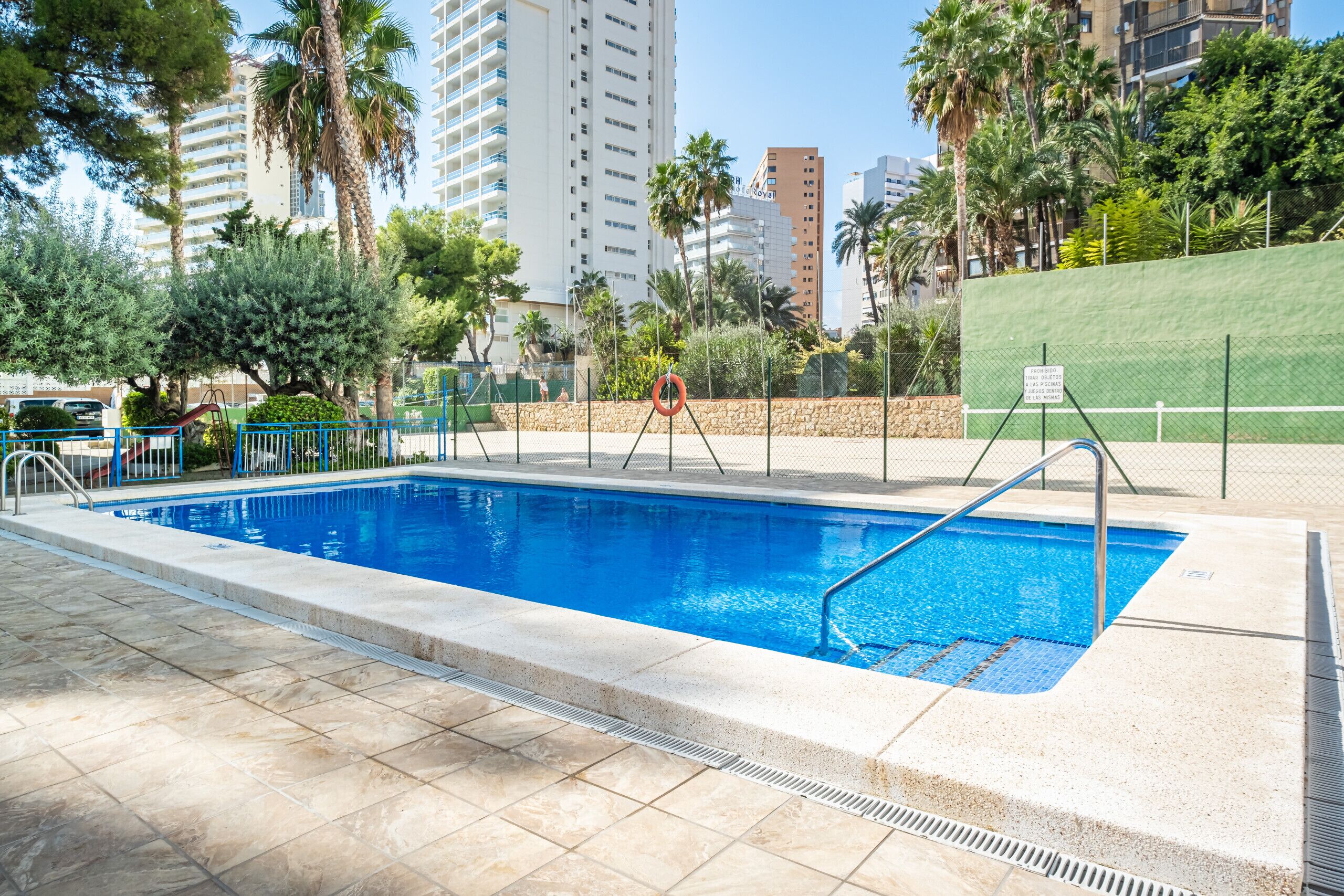 A swimming pool with a metal ladder, surrounded by a fence, and palm trees in the background.