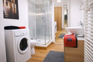 Shower, hair dryer, towels, toilet paper