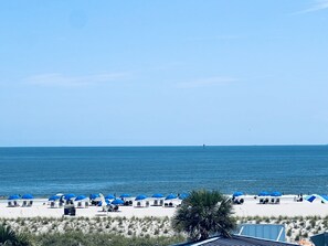 En strand med rækker af blå parasoller og liggestole, en klar himmel og havet i baggrunden.