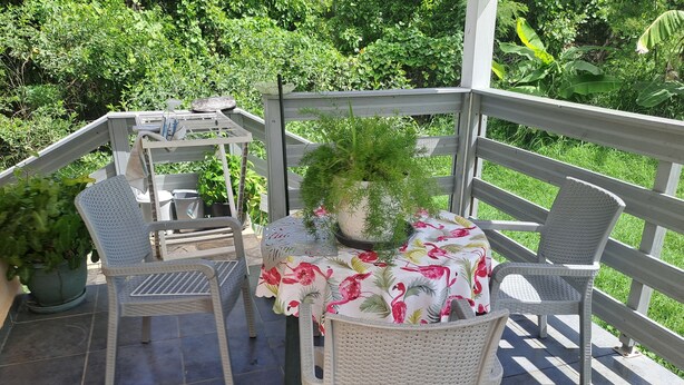 An outdoor patio with wicker chairs and a table, surrounded by greenery. - Damencourt bungalows Section Damencourt chemin de pinadiere 97160 le mold  (guadeloupe)