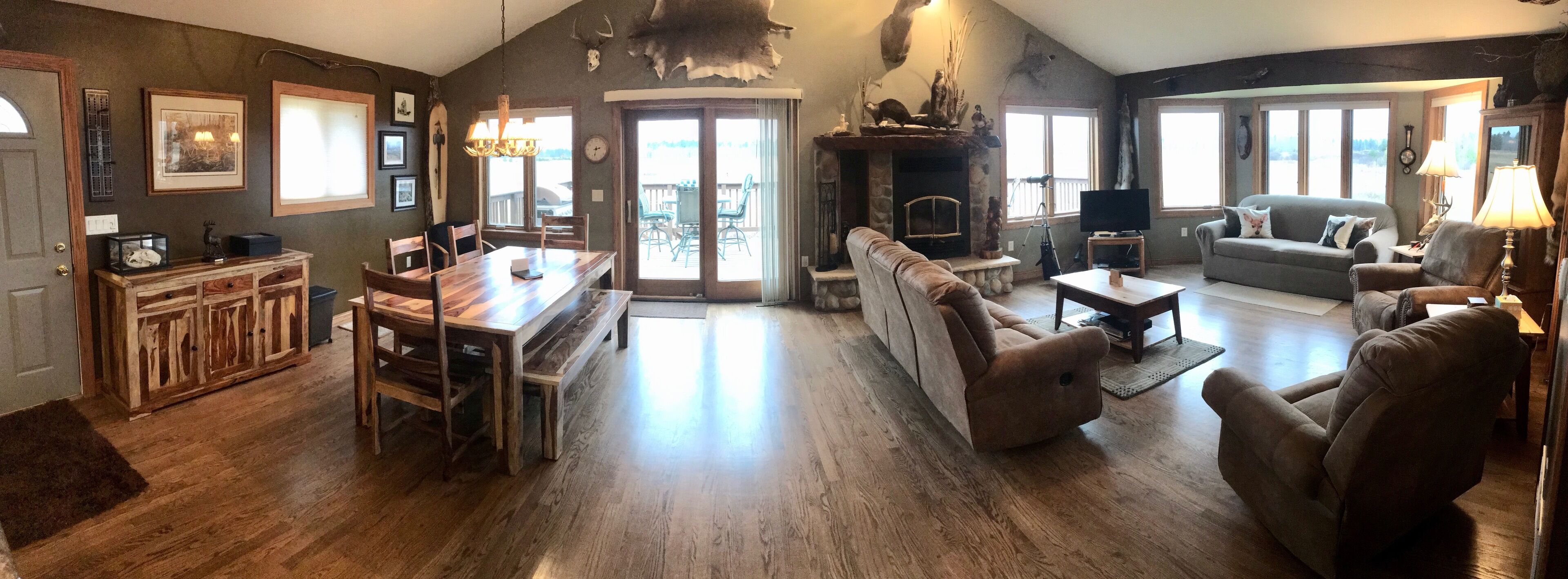 Smart TV, fireplace, books, stereo