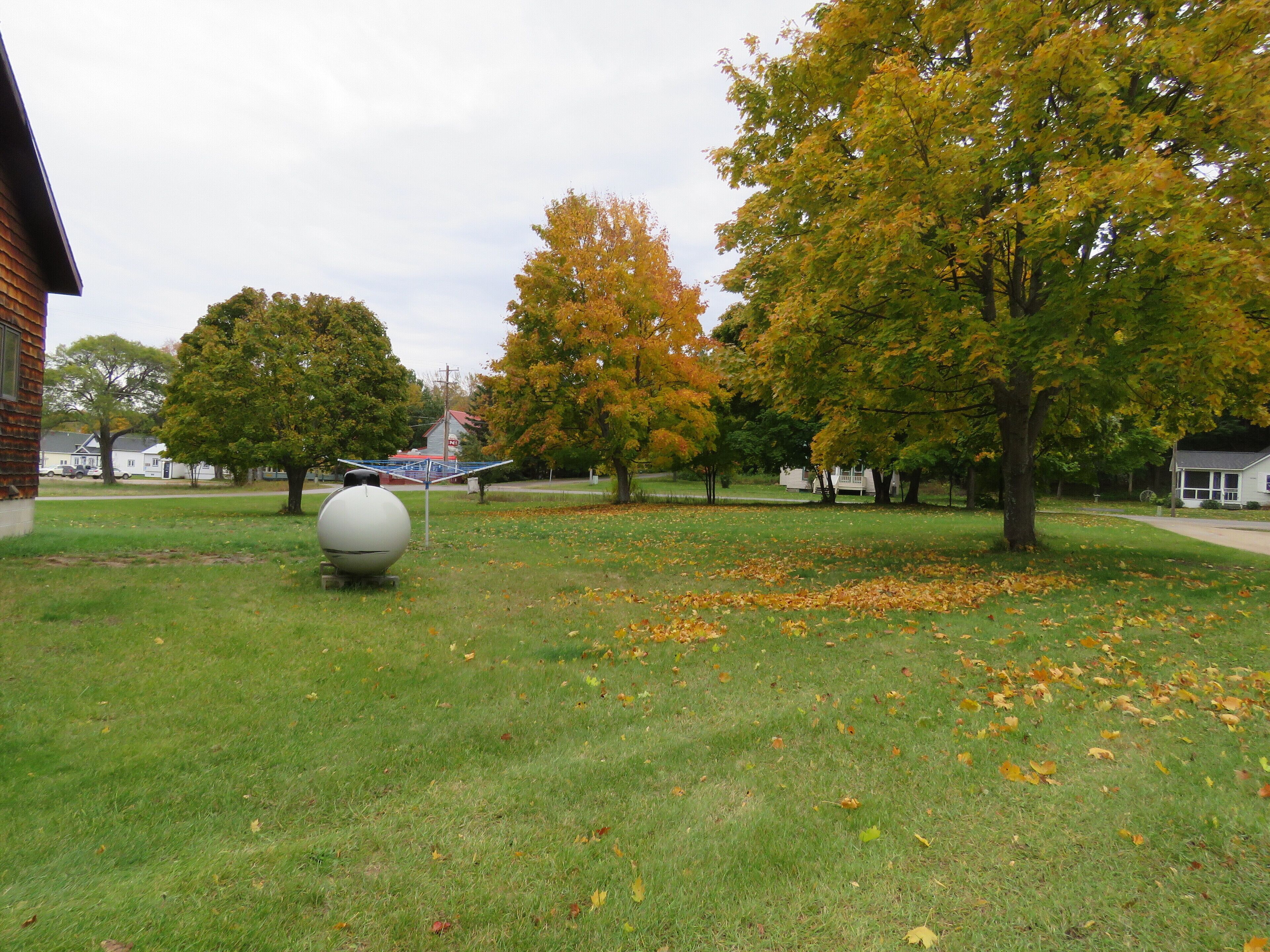 Une zone herbeuse avec une grande sculpture sphérique, des arbres aux feuilles d’automne et un bâtiment en arrière-plan.