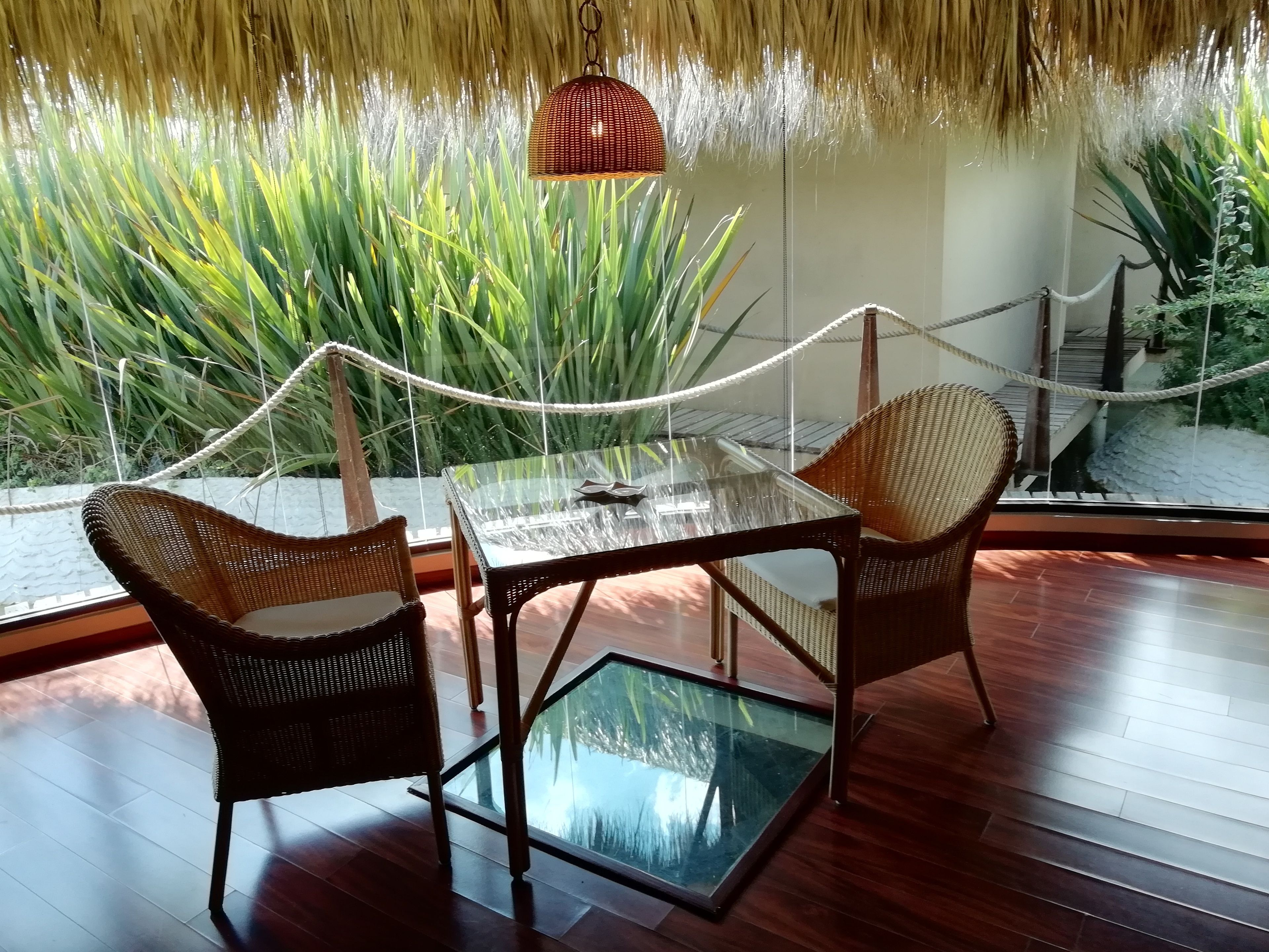 A glass-top table with wicker chairs, a rope barrier, and a view of green plants through a glass wall.