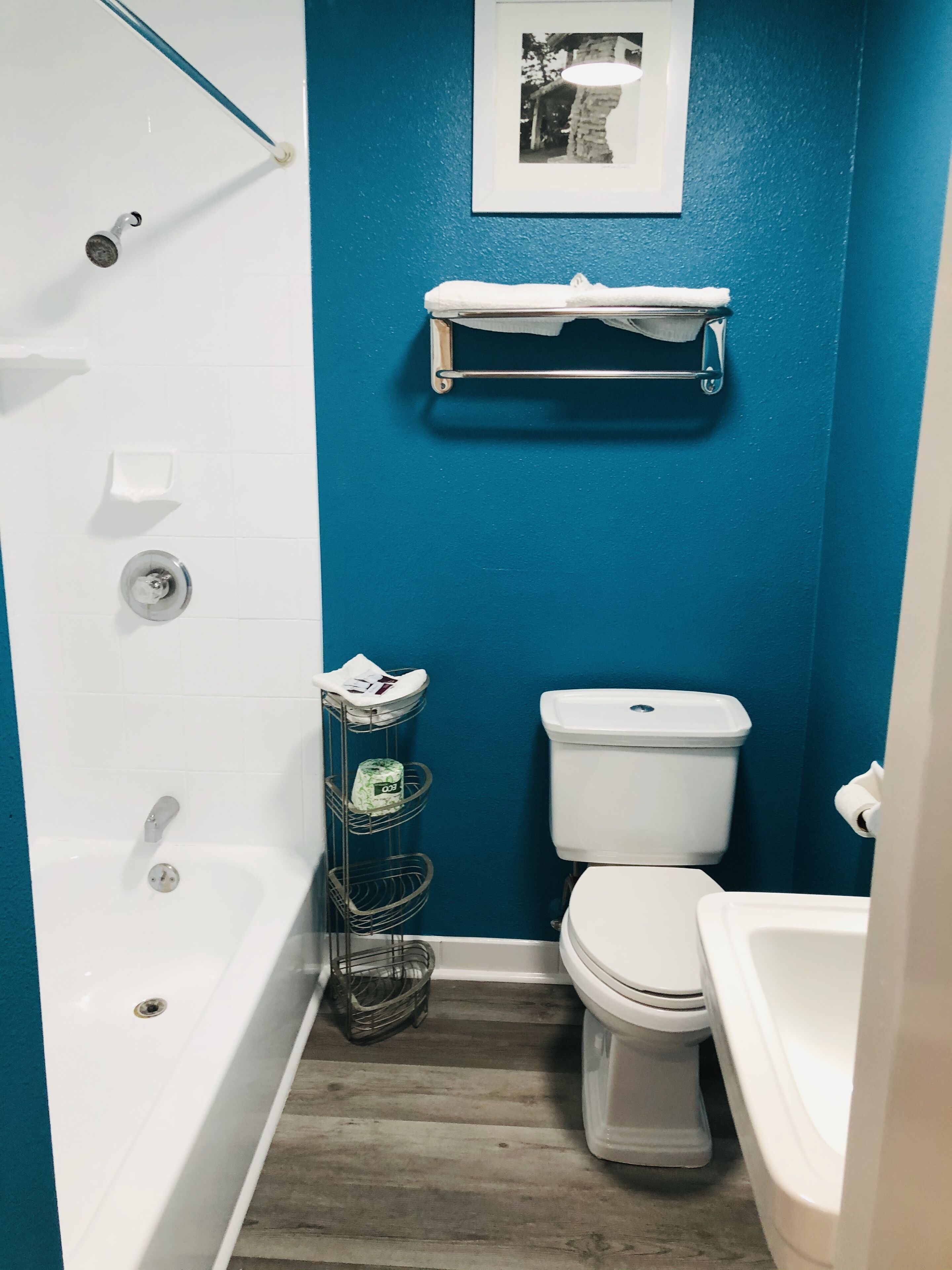 A bathroom with a blue wall, white fixtures, a framed picture, and a metal rack with toiletries.