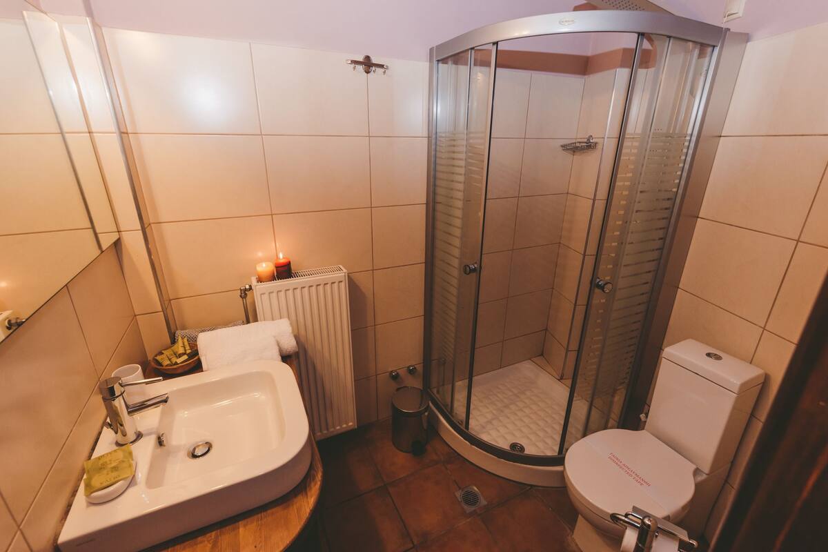 hydromassage showerhead, free toiletries, hair dryer, slippers