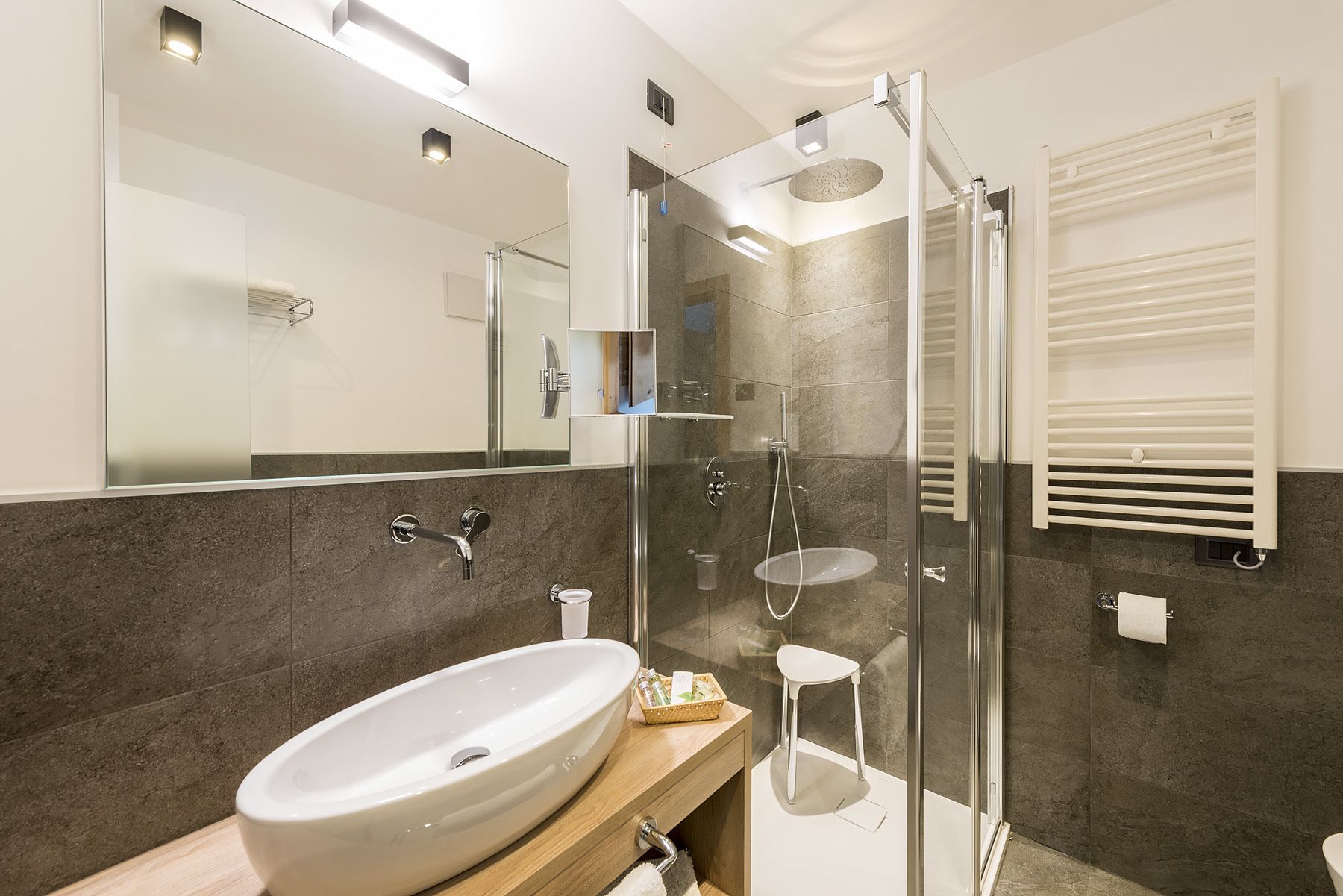 family room | bathroom | shower, rainfall showerhead, free toiletries, hair dryer