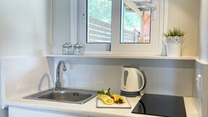 Eine kleine Küchenzeile mit Spüle, Wasserkocher und einer Arbeitsplatte mit Schneidebrett und Zitronenscheiben.
