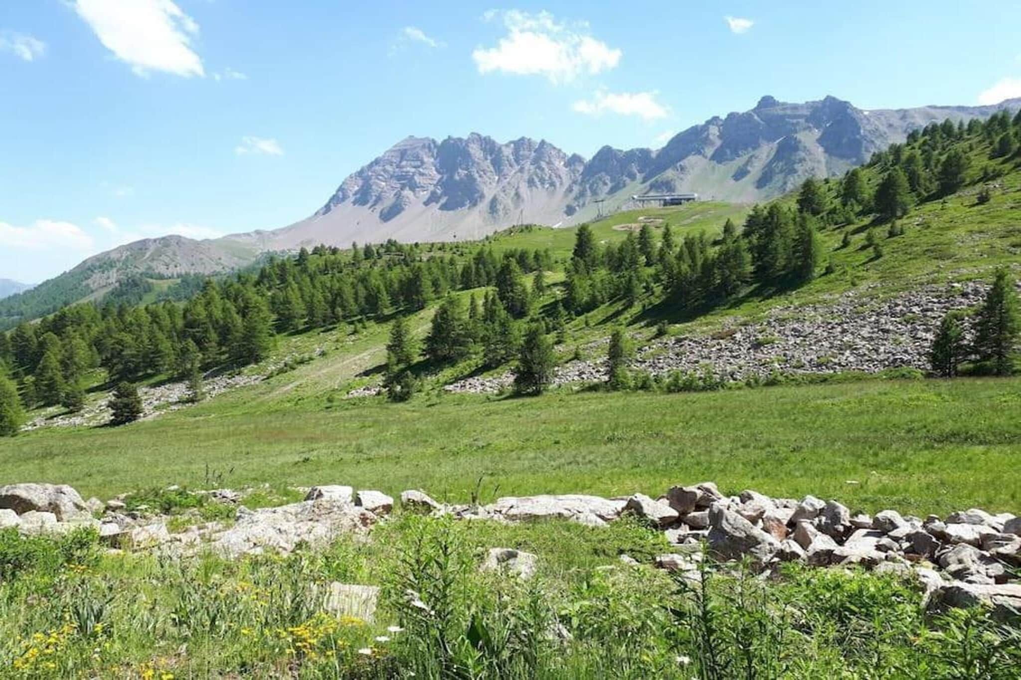 A mountainous landscape with a clear sky, a grassy field, and a rocky foreground.