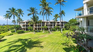 A hotel with multiple floors, a well-maintained lawn, and tall palm trees.