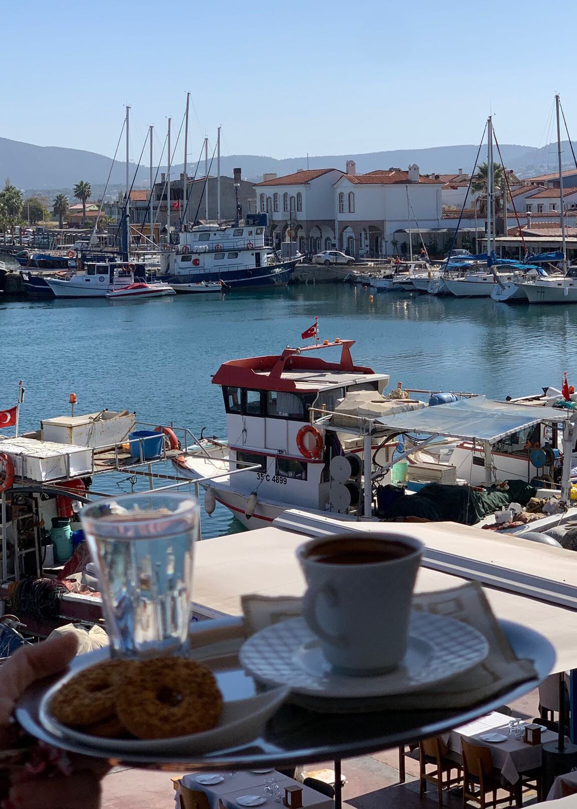 A marina with boats docked, a table with a plate of food and a cup, and a view of buildings in the background.