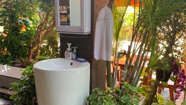 A bathroom with a large sink, a mirror, and various potted plants around it. - Lert Sri Hotel (Suphan Buri)