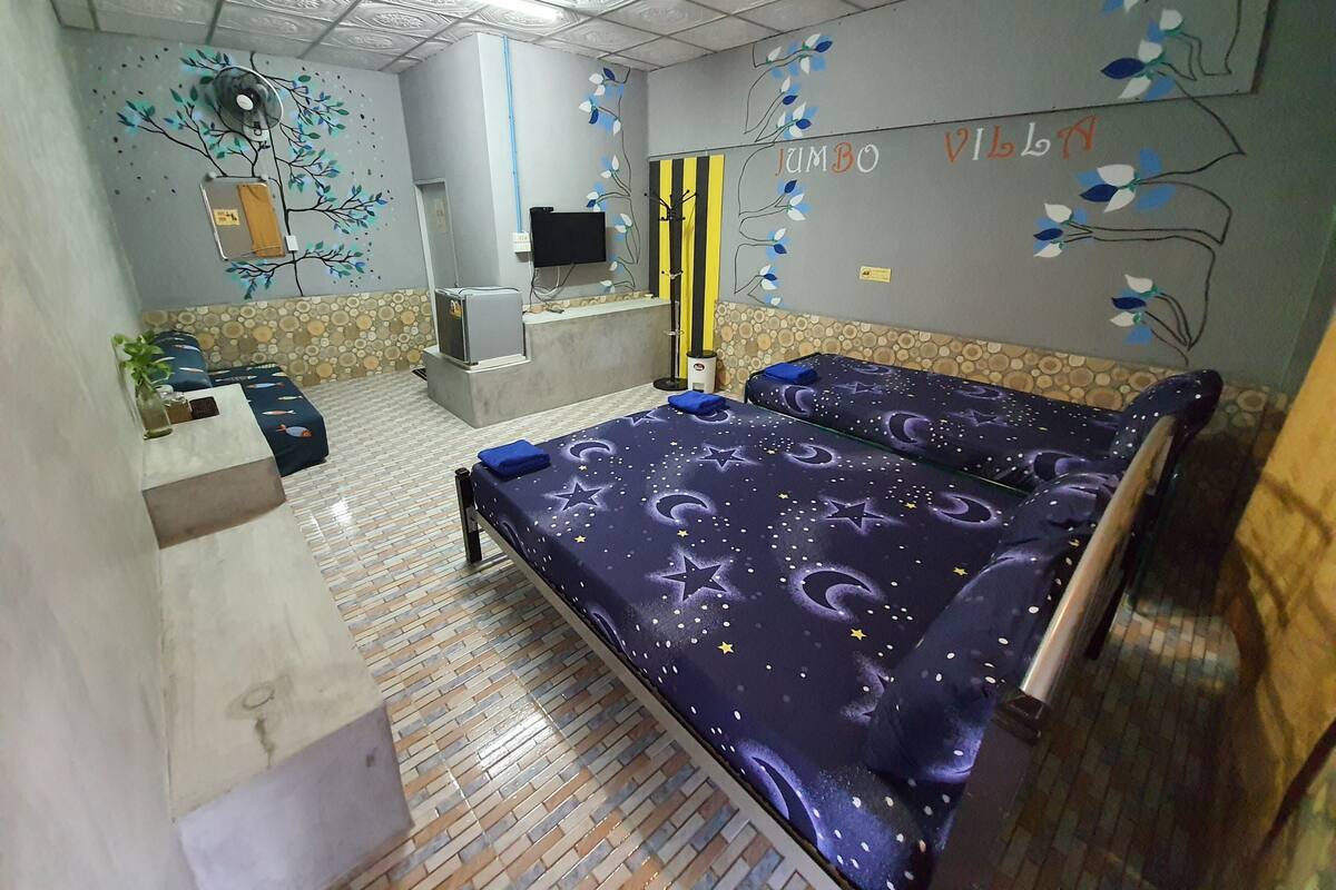 A room with a bed, a small desk, a TV, and a decorative wall.