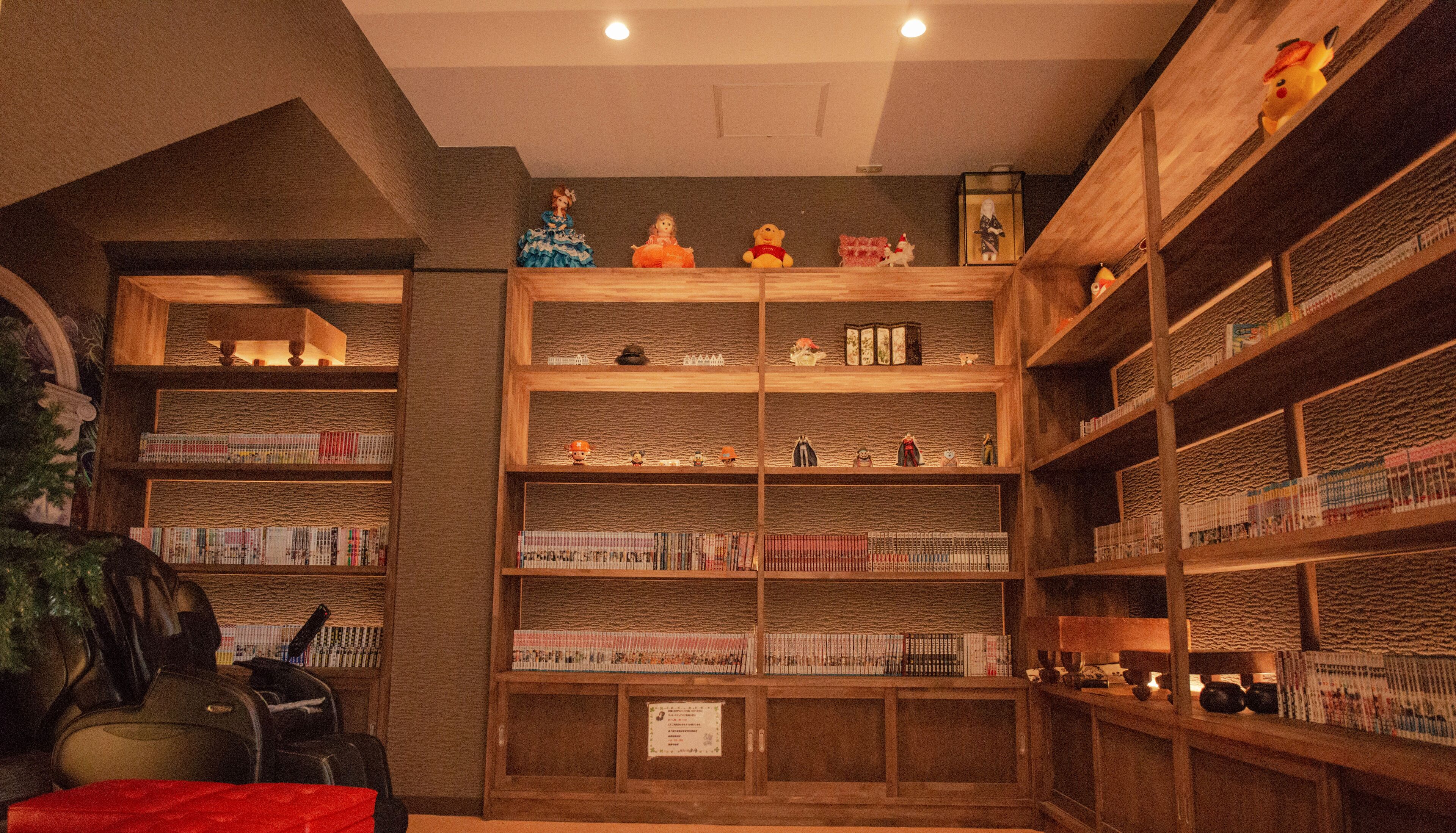 Een bibliotheek met meerdere houten boekenkasten, vol boeken en diverse decoratieve objecten.