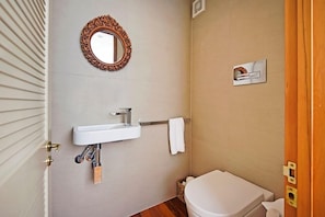 Douche, sèche-cheveux, serviettes fournies, savon