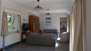 Un salón espacioso con un sofá, un televisor sobre un mueble de madera y un armario.