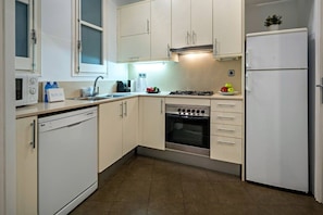 Eine kompakte Küche mit Geschirrspüler, Herd, Backofen und Kühlschrank.