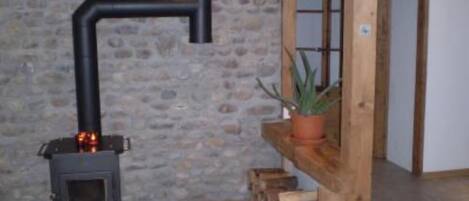 A rustic room with a stone wall, a small wood-burning stove, a wooden shelf with a potted plant, and a door leading to another room.