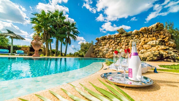 A poolside setting with a clear view of the pool, palm trees, and a rocky backdrop. - Finca Can Gamundi in Mallorca with pool (Muro)