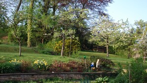Un jardin avec un mur en briques, diverses plantes et des arbres.