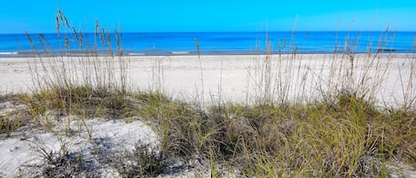 On the beach, sun-loungers, beach towels