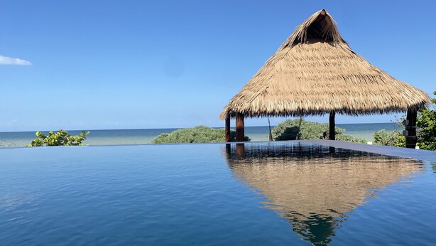En infinitypool med en byggnad som har ett tak av halmtak, omgiven av frodig grönska och med en fantastisk utsikt över havet.