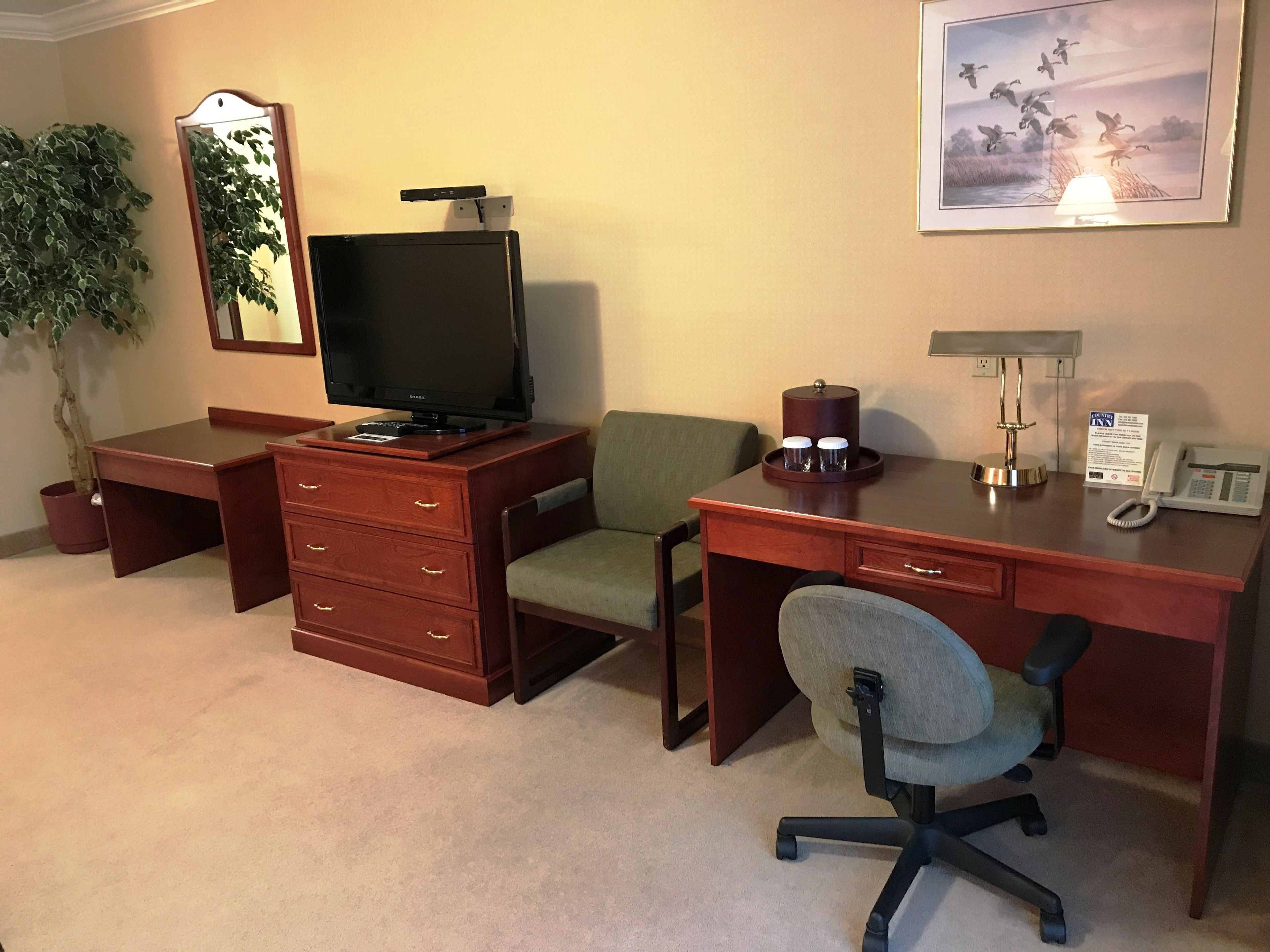 A hotel room with a wooden desk, a television, a green chair, a desk lamp, a telephone, and a framed picture on the wall.