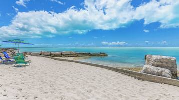 On the beach, sun loungers, beach umbrellas, beach towels