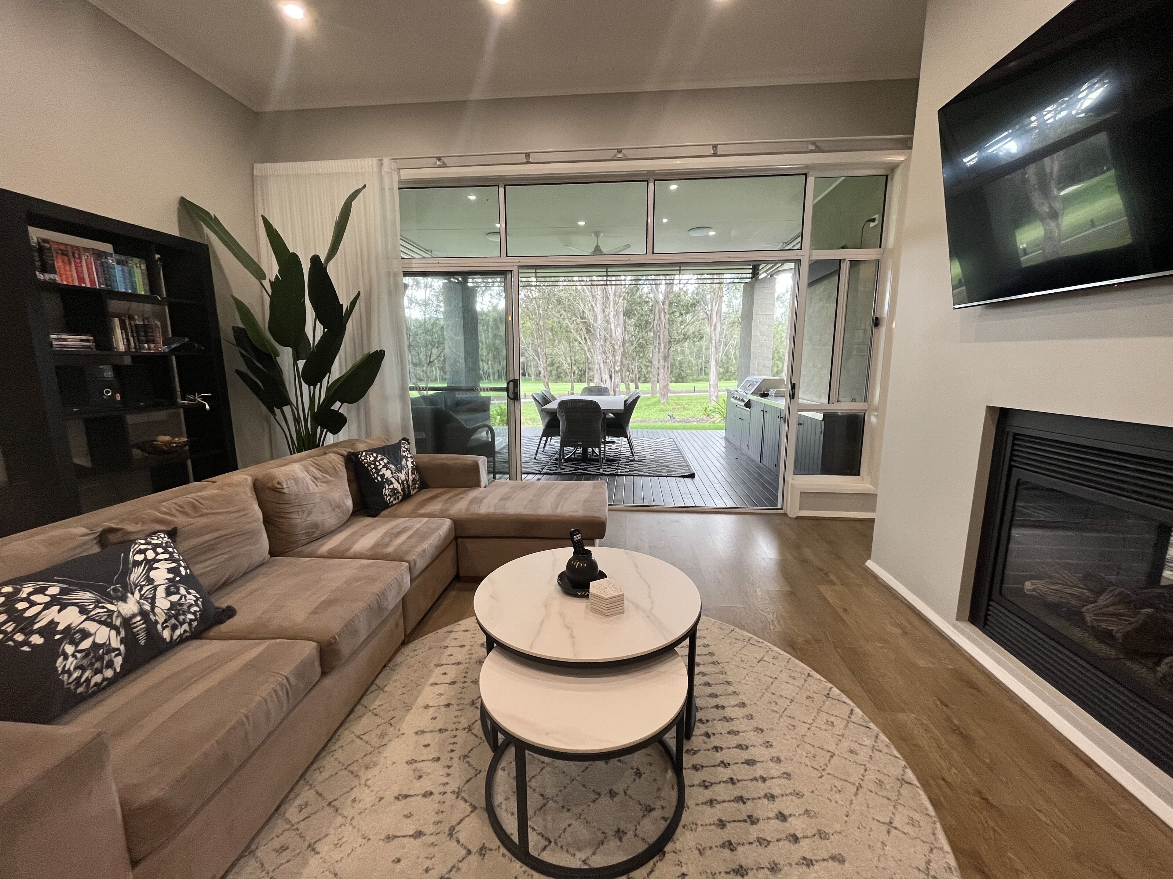 TV connectée, cheminée, lecteur de DVD, livres