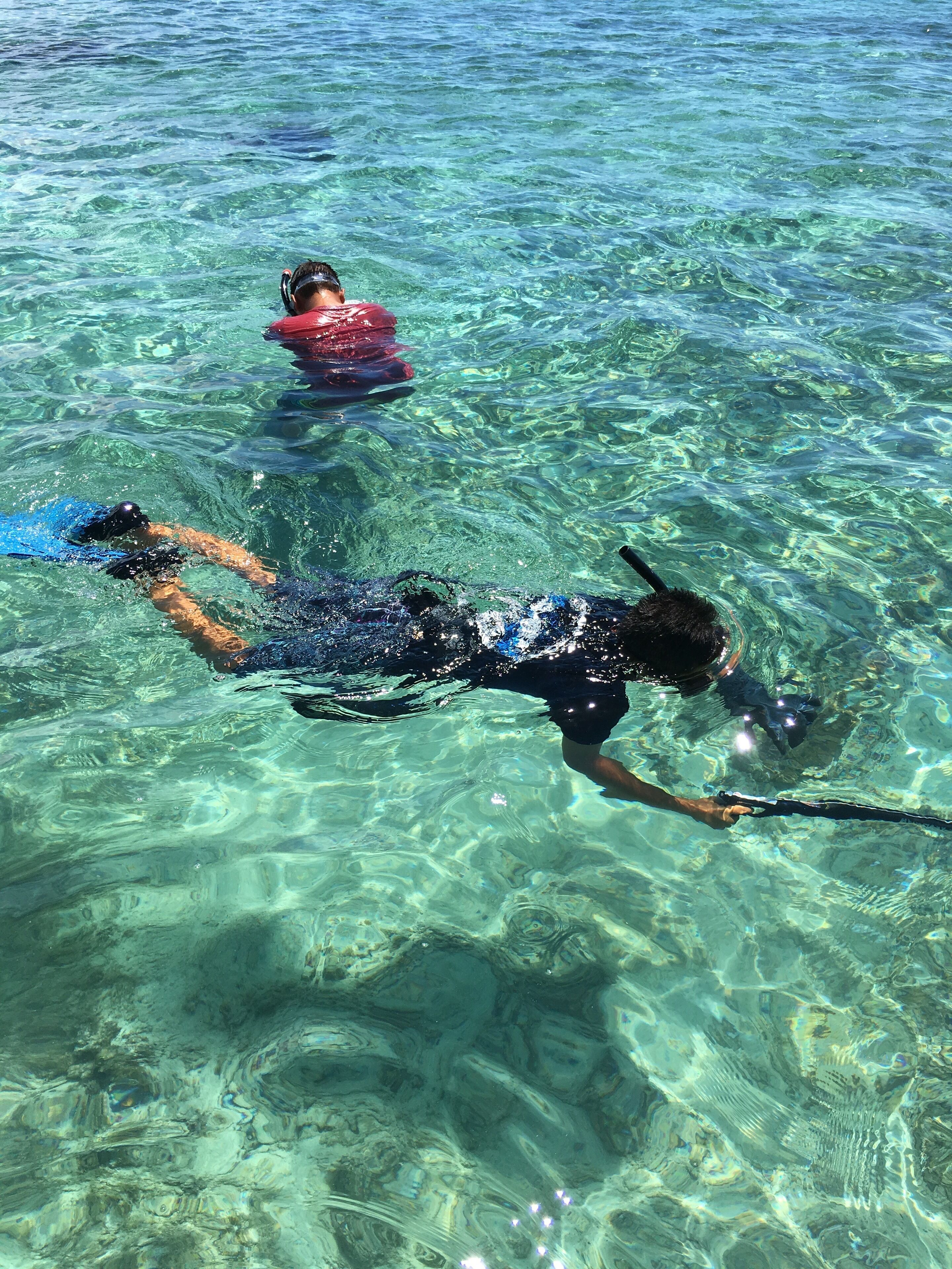 A person snorkeling in clear water.