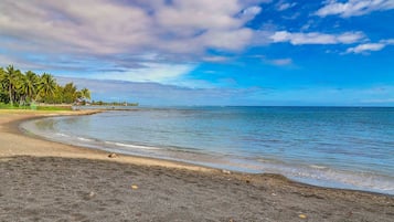 On the beach, sun-loungers, beach towels