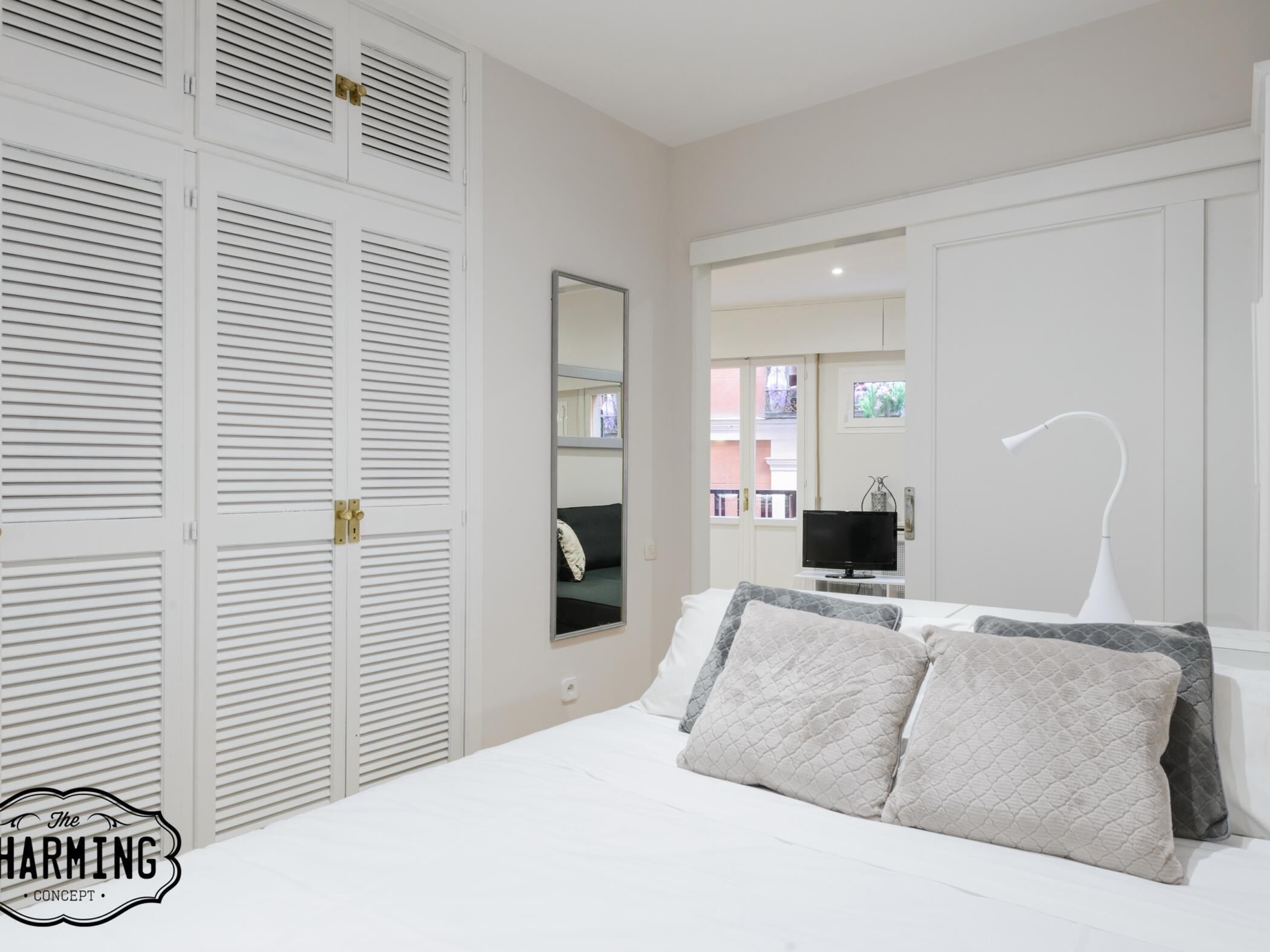 Une chambre à coucher avec un lit, des oreillers, une télévision et un miroir.