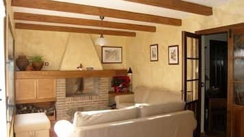 Televisión, chimenea, reproductor de DVD y estéreo