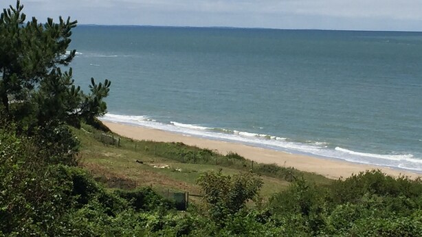 A coastal landscape with a beach, ocean, and greenery. - The Sea Cottage (Villerville)
