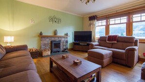 A living room with a fireplace, a television, and two sofas.